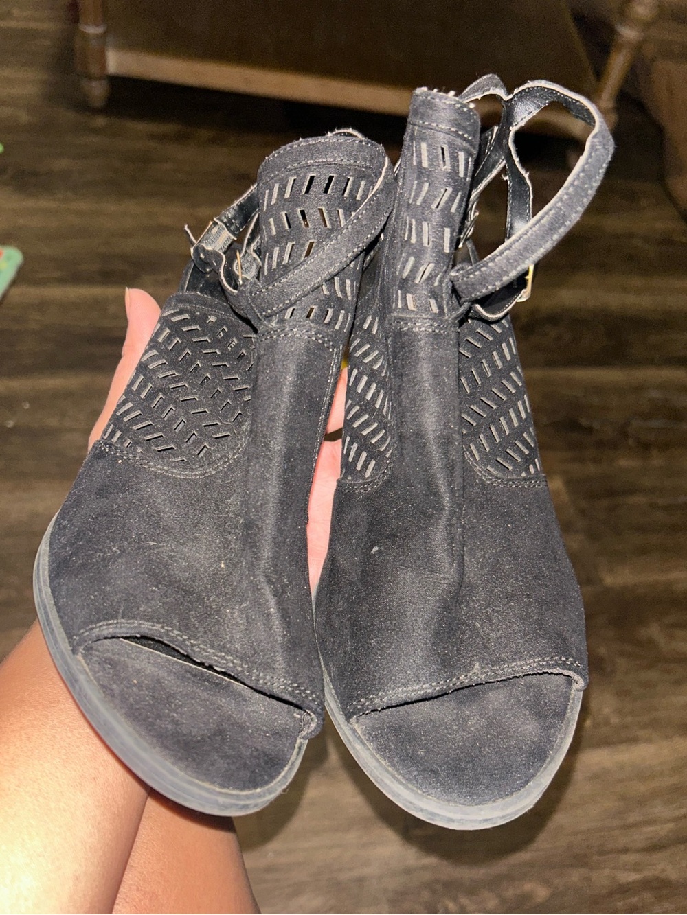 Women's Black Suede Cutout Peep-Toe Heels